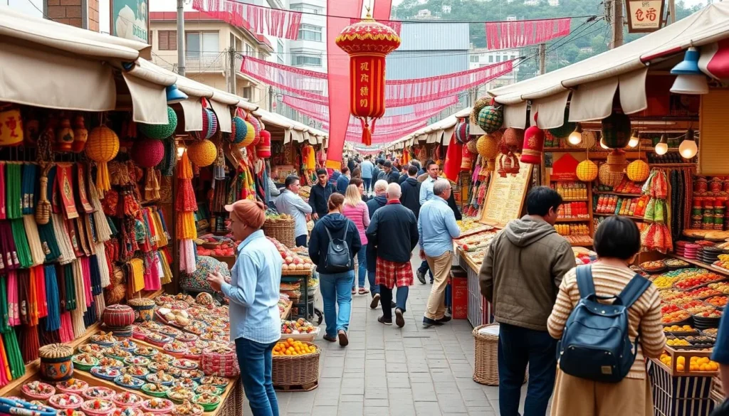 Generate an image of a bustling traditional fair with handmade crafts and local foods.