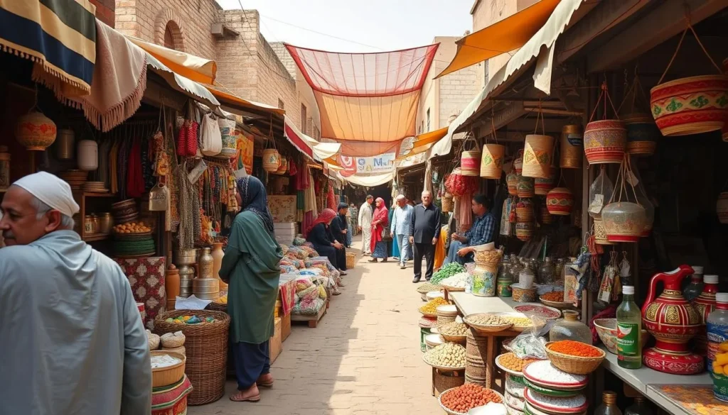 Generate an image of a bustling traditional market in Amara, Iraq, with vibrant colors and diverse local goods. Generate an image of a bustling traditional market in Amara, Iraq, with vibrant colors and diverse local goods.