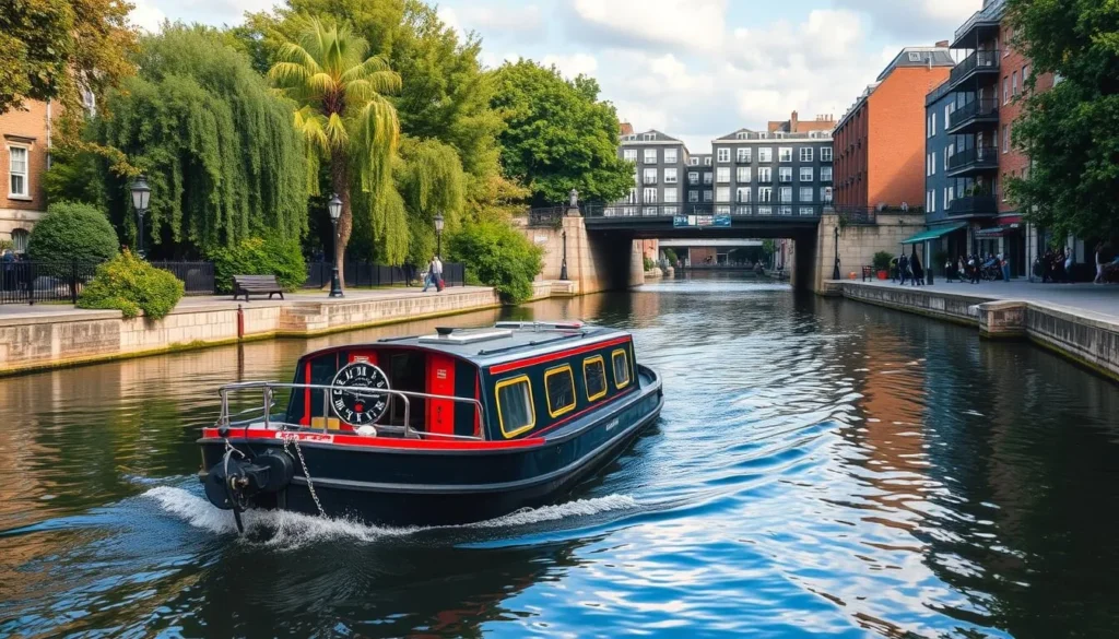 Generate an image of a canal boat navigating through Regent's Canal, passing by Camden Lock.