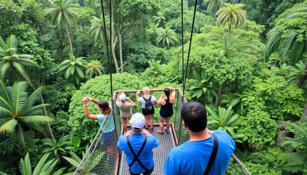 Generate an image of a canopy tower in the Amazon rainforest around Puerto Maldonado, with visitors observing the surrounding forest.