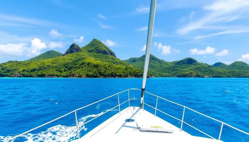 Generate an image of a catamaran approaching the Salvation Islands