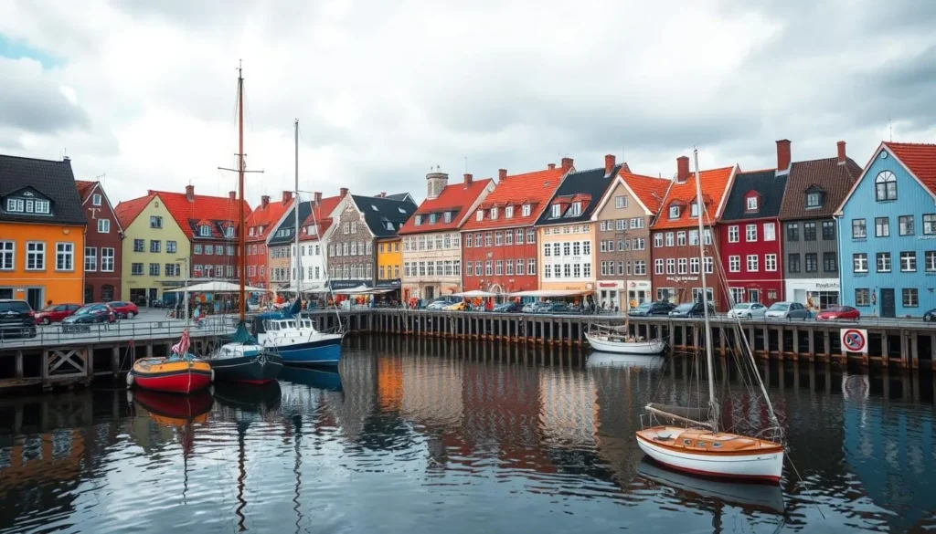 Generate an image of a charming Swedish town with a picturesque waterfront.