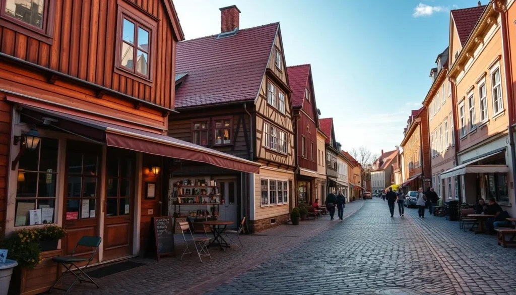 Generate an image of a charming cobblestone street in Old Porvoo, with historic wooden houses and a quaint café.