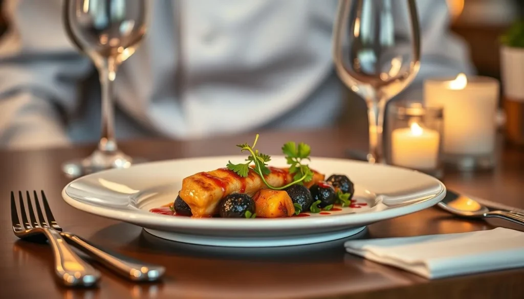 Generate an image of a chef's table setting with a beautifully presented dish.
