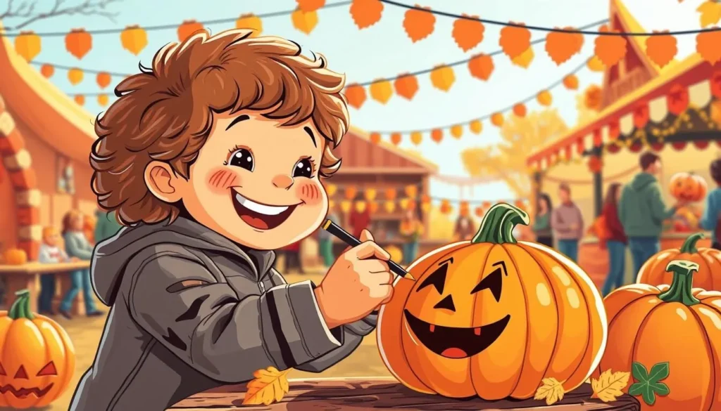 Generate an image of a child happily painting a pumpkin face at a fall festival.