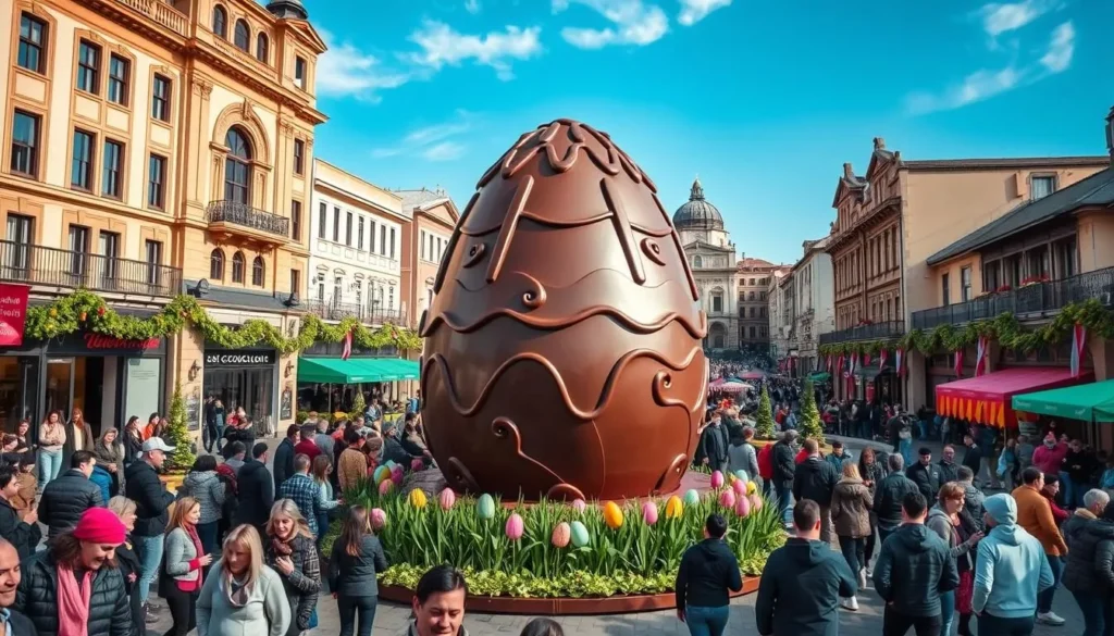 Generate an image of a chocolate festival in Bariloche, with a giant chocolate Easter egg in the main square.