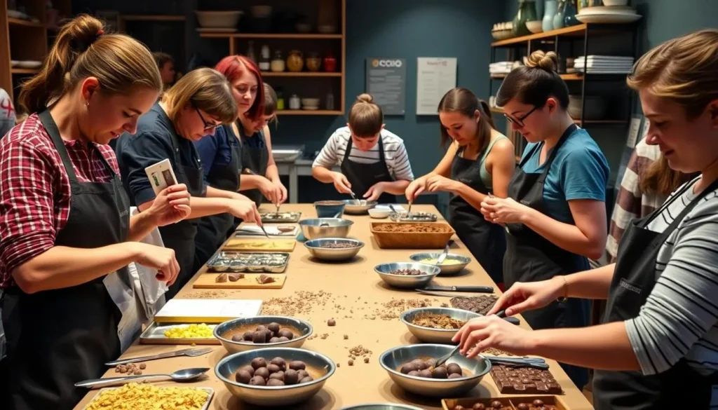 Generate an image of a chocolate-making workshop at ChocoMuseo, showcasing participants creating their own chocolates.