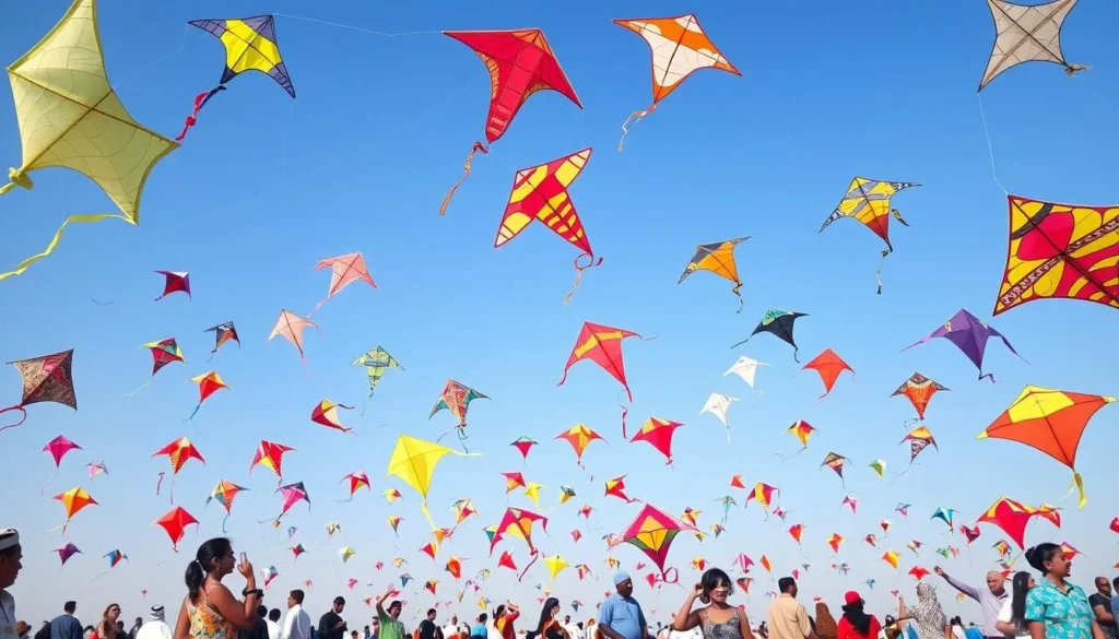 Generate an image of a colorful kite festival in Qatar