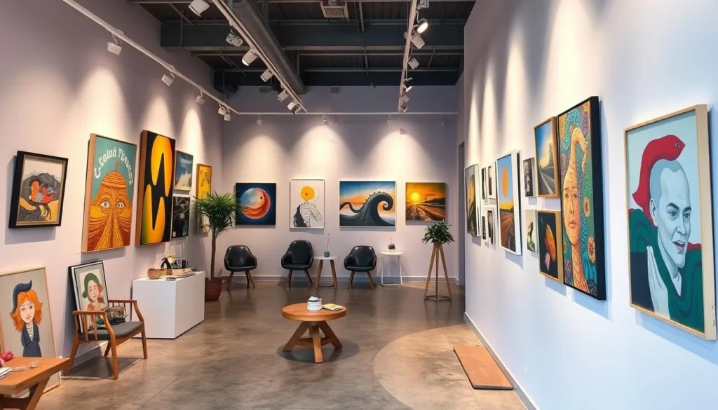 Generate an image of a contemporary art gallery in Salmiya, featuring local artists' work.