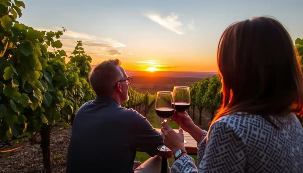Generate an image of a couple tasting wine at a vineyard near Colonia del Sacramento.