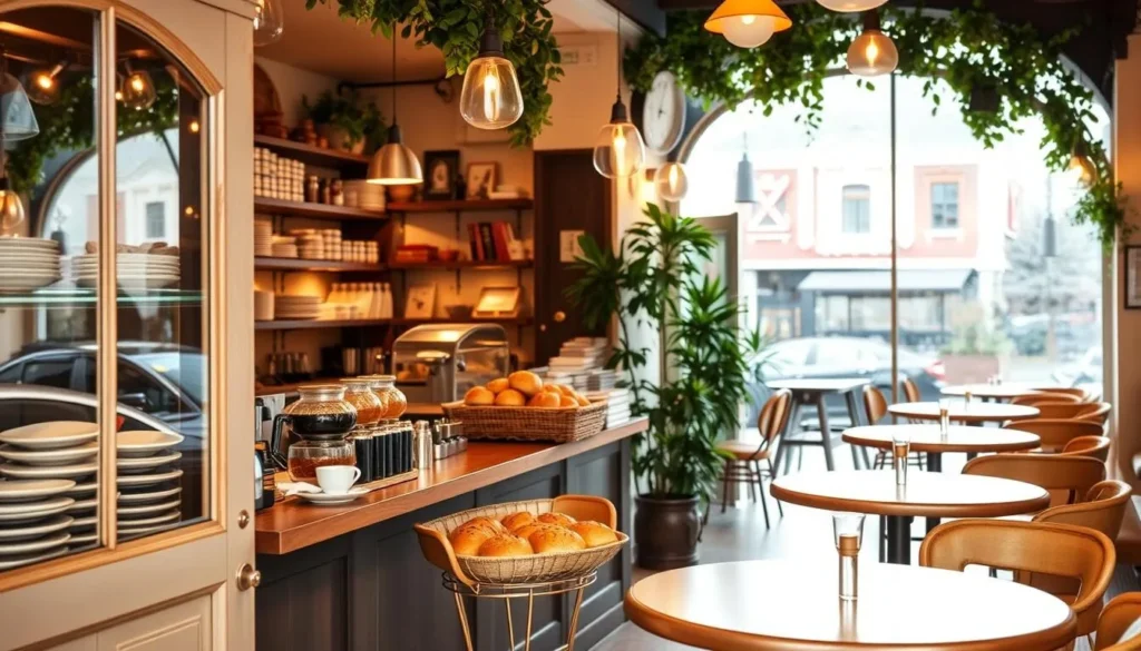 Generate an image of a cozy Italian cafe with a warm atmosphere, serving coffee and pastries.