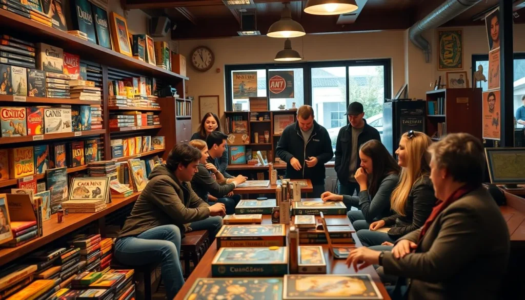 Generate an image of a cozy board game café with a vast collection of games and happy customers.