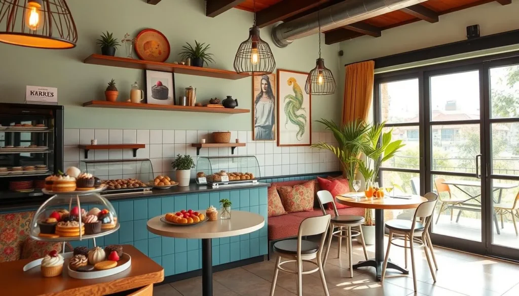 Generate an image of a cozy café in Brasilia with a variety of desserts on display.