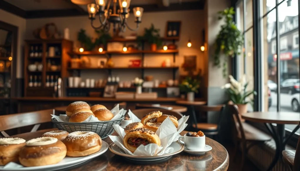 Generate an image of a cozy café with traditional Czech pastries and a warm atmosphere.