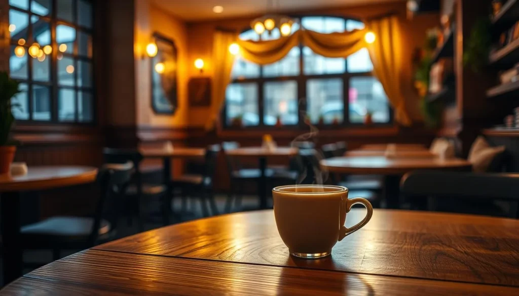 Generate an image of a cozy coffee shop with a warm atmosphere and a cup of coffee.