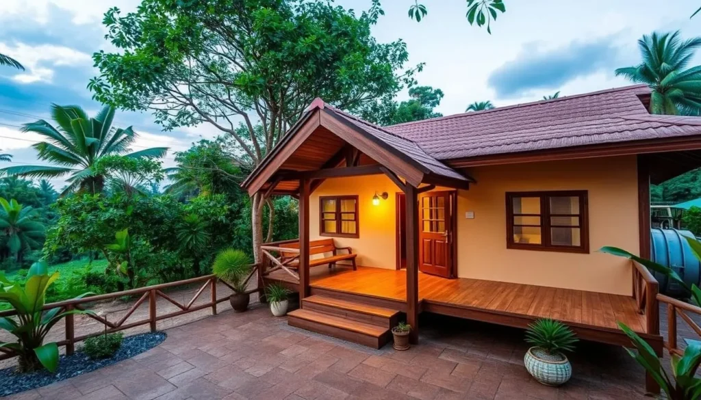 Generate an image of a cozy guesthouse in Apoera, Suriname.