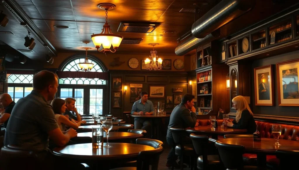 Generate an image of a cozy pub interior with a warm atmosphere and patrons enjoying their drinks.