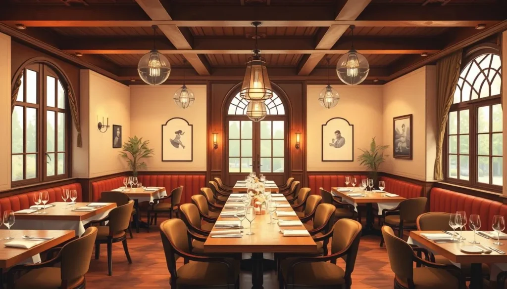 Generate an image of a cozy, upscale restaurant in Wimbledon Village.