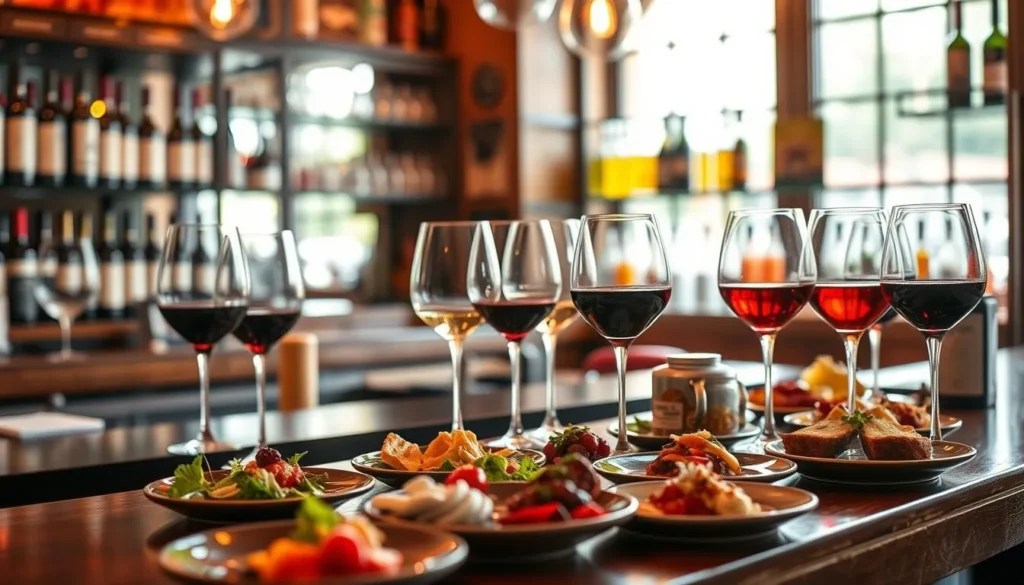 Generate an image of a cozy wine bar with a warm atmosphere, featuring a selection of wine glasses and small plates.