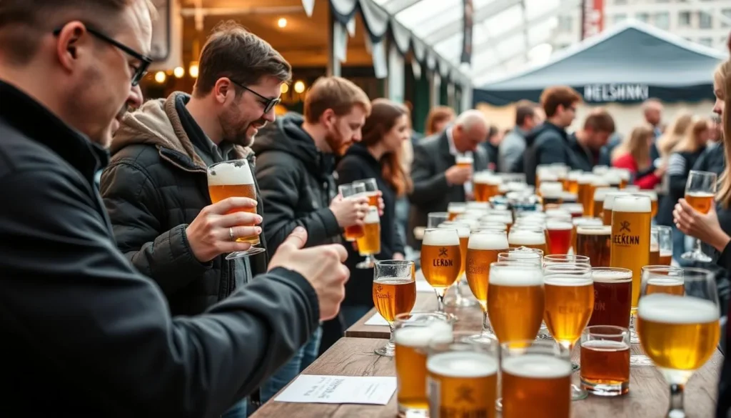 Generate an image of a craft beer tasting at Helsinki Beer Festival