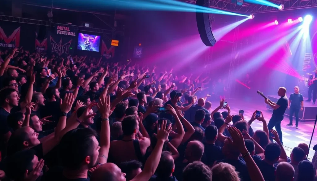 Generate an image of a crowded metal festival with fans moshing and bands performing on stage.