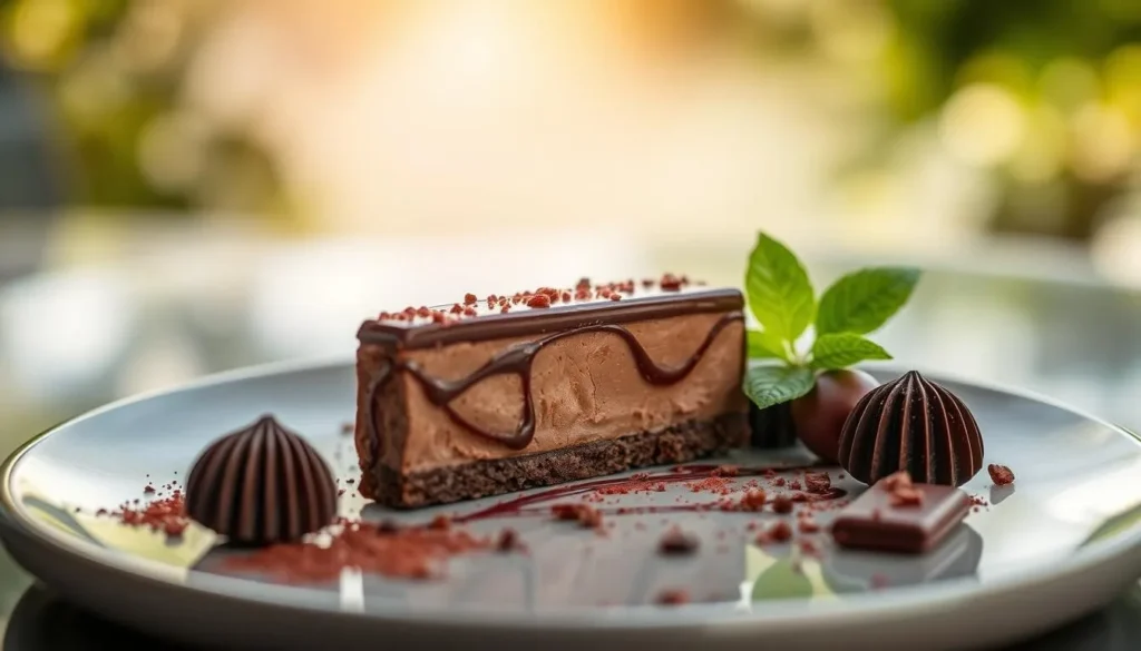 Generate an image of a decadent chocolate dessert with a serene ambiance.