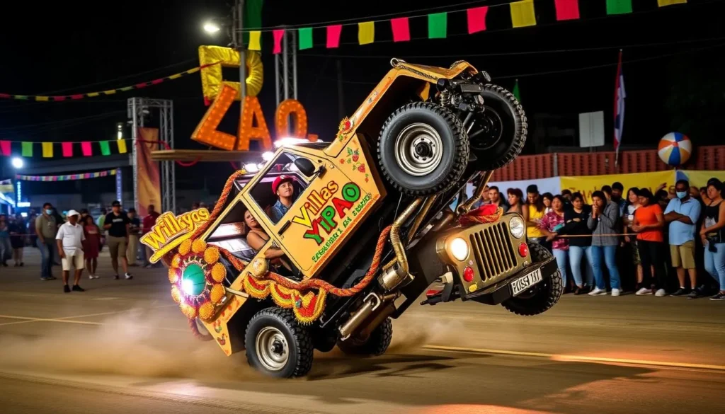 Generate an image of a decorated Willys Jeep performing a stunt at the Yipao festival in Calarcá, Colombia.