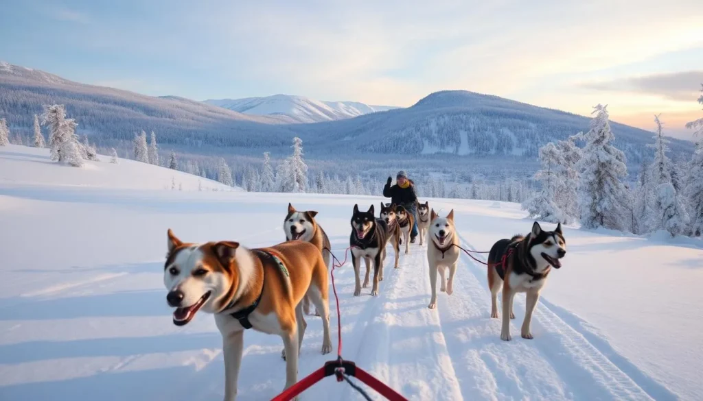Generate an image of a dog sledding tour in Innlandet's winter landscape.