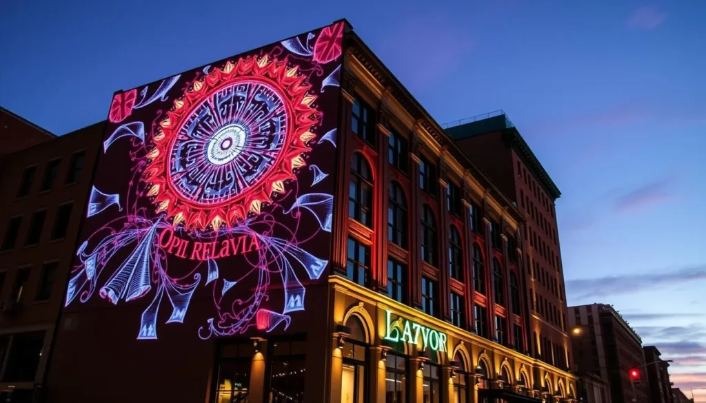 Generate an image of a downtown Binghamton building with a large-scale digital art projection Generate an image of a downtown Binghamton building with a large-scale digital art projection