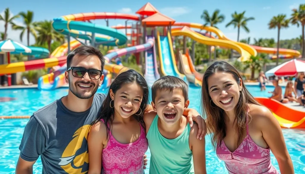 Generate an image of a family enjoying a day at Acuamania Water Park, with water slides and pools in the background.
