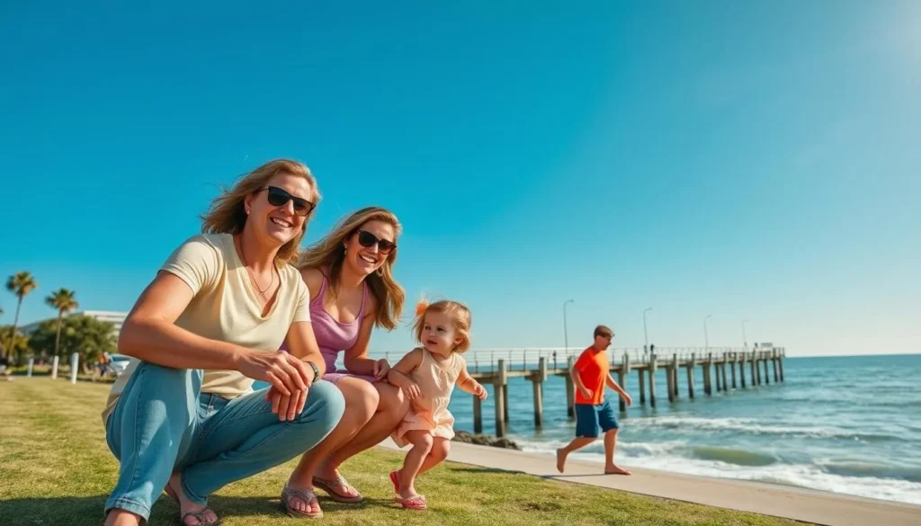 Generate an image of a family enjoying a day at Ocean Front Park, with the Kure Beach pier in the background.
