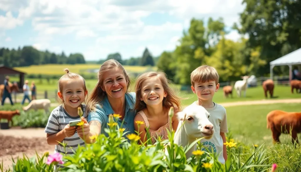 Generate an image of a family enjoying a day at Prairie Gardens and Adventure Farm, surrounded by lush fields and farm activities.