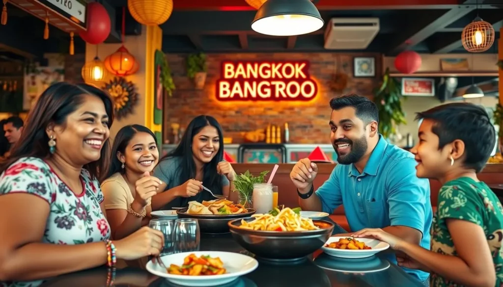 Generate an image of a family enjoying a meal at Bangkok Bistro in Brasilia.