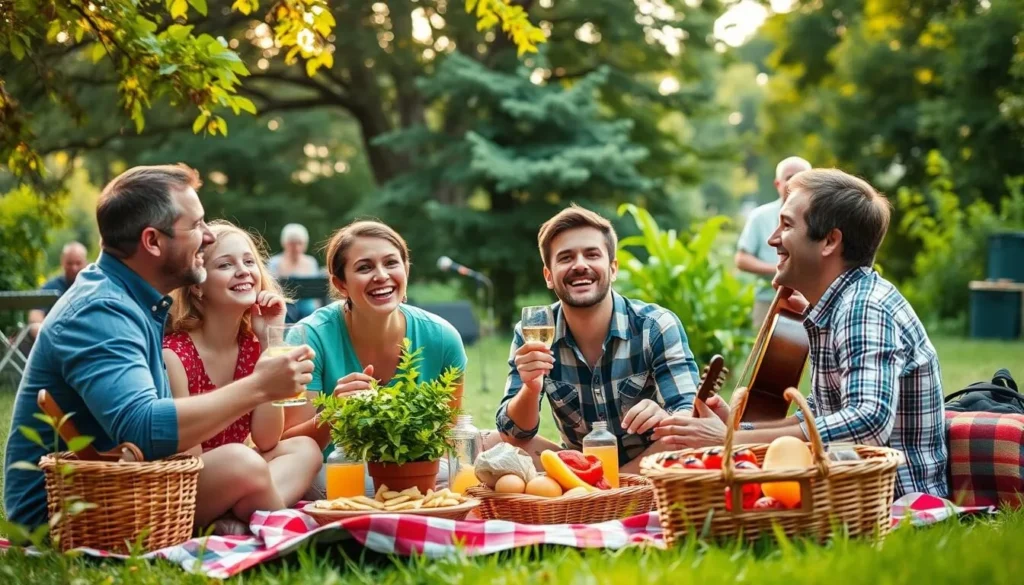 Generate an image of a family enjoying a picnic while listening to live music at an outdoor concert.