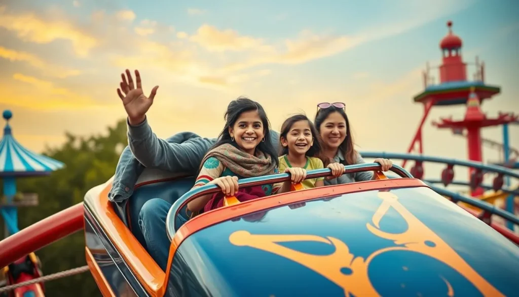 Generate an image of a family enjoying a roller coaster ride at Blue World Theme Park in Kanpur.