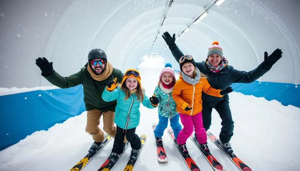 Generate an image of a family enjoying indoor skiing at Snöbahn.