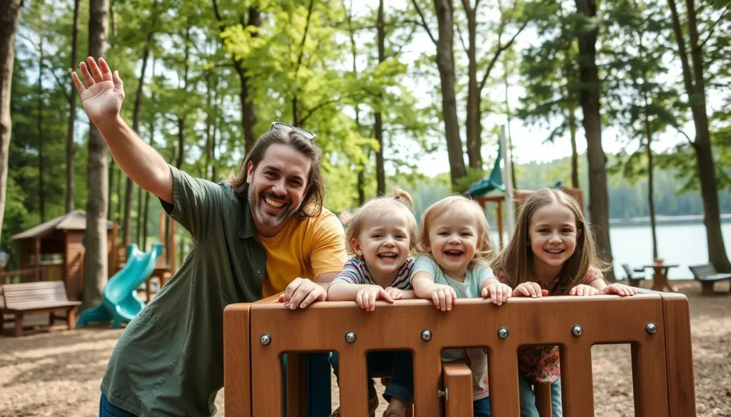 Generate an image of a family enjoying the Forest Kingdom playground near Lake Lipno.