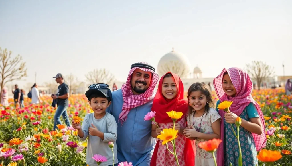 Generate an image of a family enjoying the Riyadh Spring Festival, with a backdrop of blooming flowers and outdoor activities.