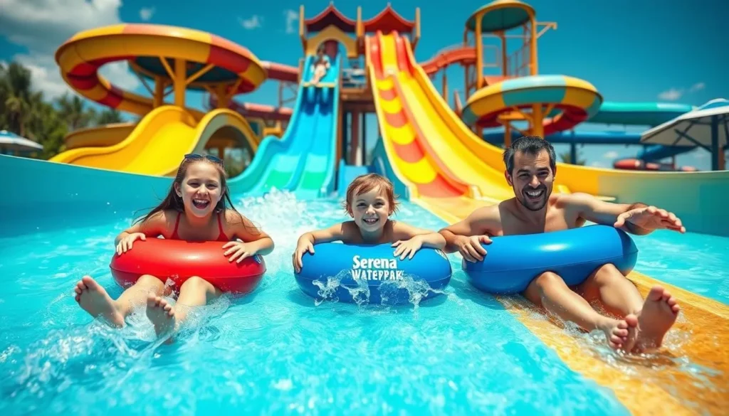 Generate an image of a family enjoying the water slides at Serena Waterpark in Espoo, Finland.