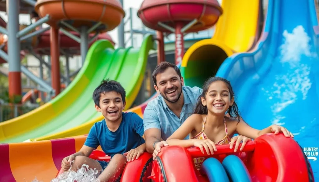 Generate an image of a family enjoying water slides at Country Club Water World in Hubli.