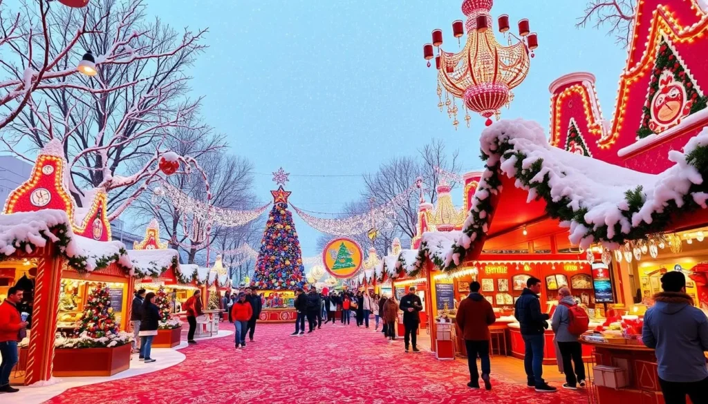 Generate an image of a festive Winter Wonderland scene in Kuwait, complete with decorations, snowflakes, and family-friendly activities.