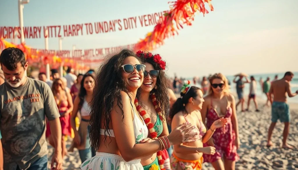 Generate an image of a festive beach scene with people enjoying various activities during a seasonal event.