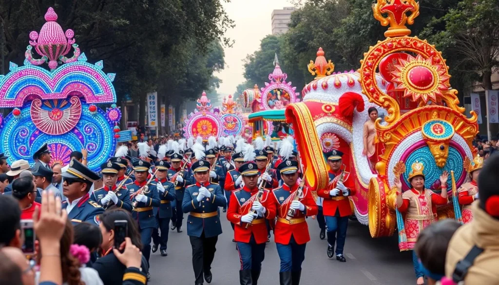 Generate an image of a festive parade with a marching band and colorful floats.