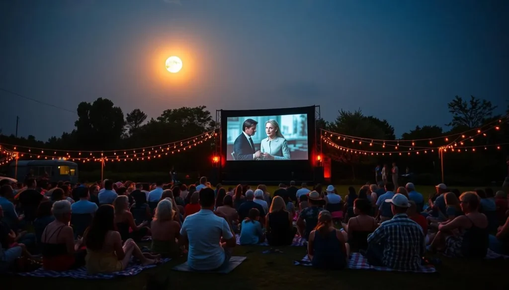 Generate an image of a film screening outdoors at midnight with the sun still visible in the sky.