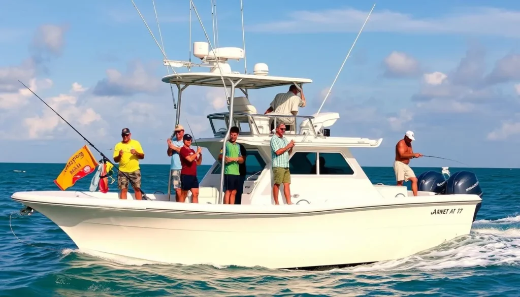 Generate an image of a fishing charter boat in the Gulf of Mexico with anglers on board.