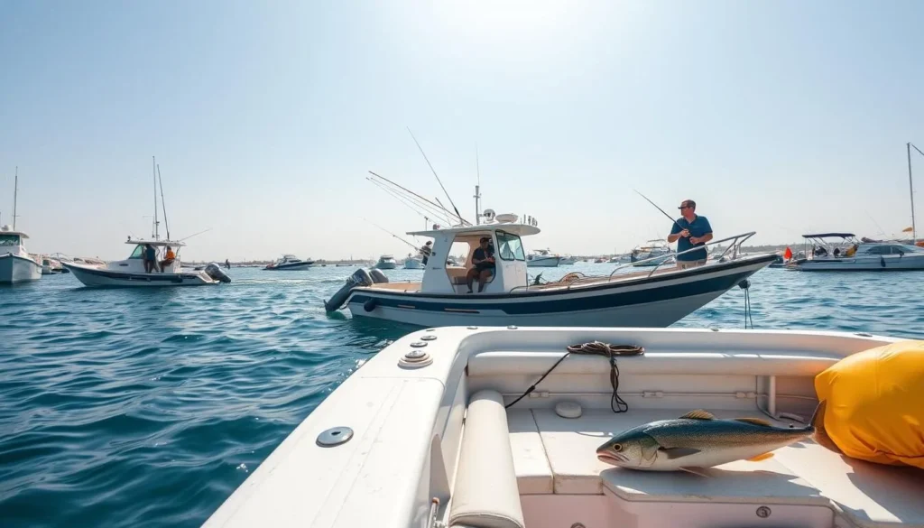 Generate an image of a fishing trip at Fahaheel Marina