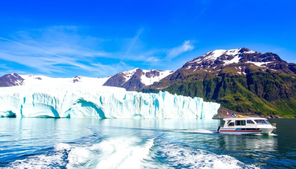 Generate an image of a fjord cruise near Svartisen, showcasing the glacier's majestic views from the water.