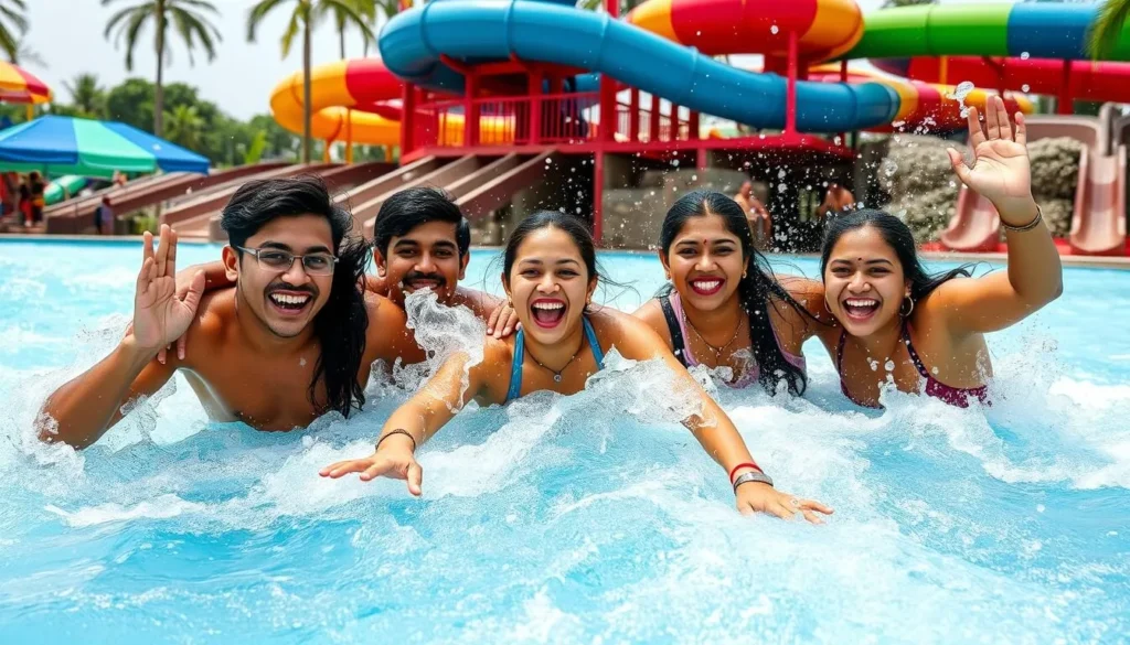 Generate an image of a group of friends enjoying a wave pool at Jungle Water Park in Kanpur.
