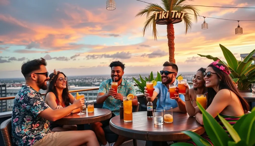 Generate an image of a group of friends enjoying tiki cocktails on the rooftop bar at Tiki TNT.