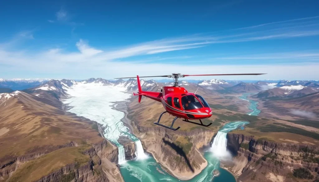 Generate an image of a helicopter flying over glaciers and waterfalls in the Cariboo Chilcotin Coast.